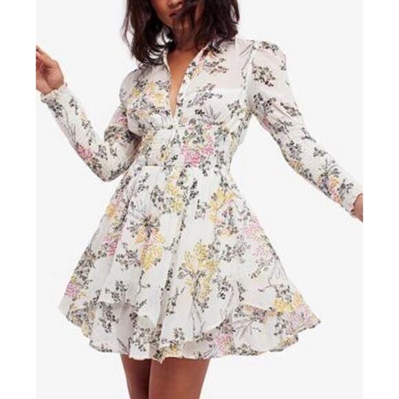 Free People Floral Peasant Dress Womens S Ivory Sheer Tiered Ruffles Boho Flowy - Picture 1 of 11